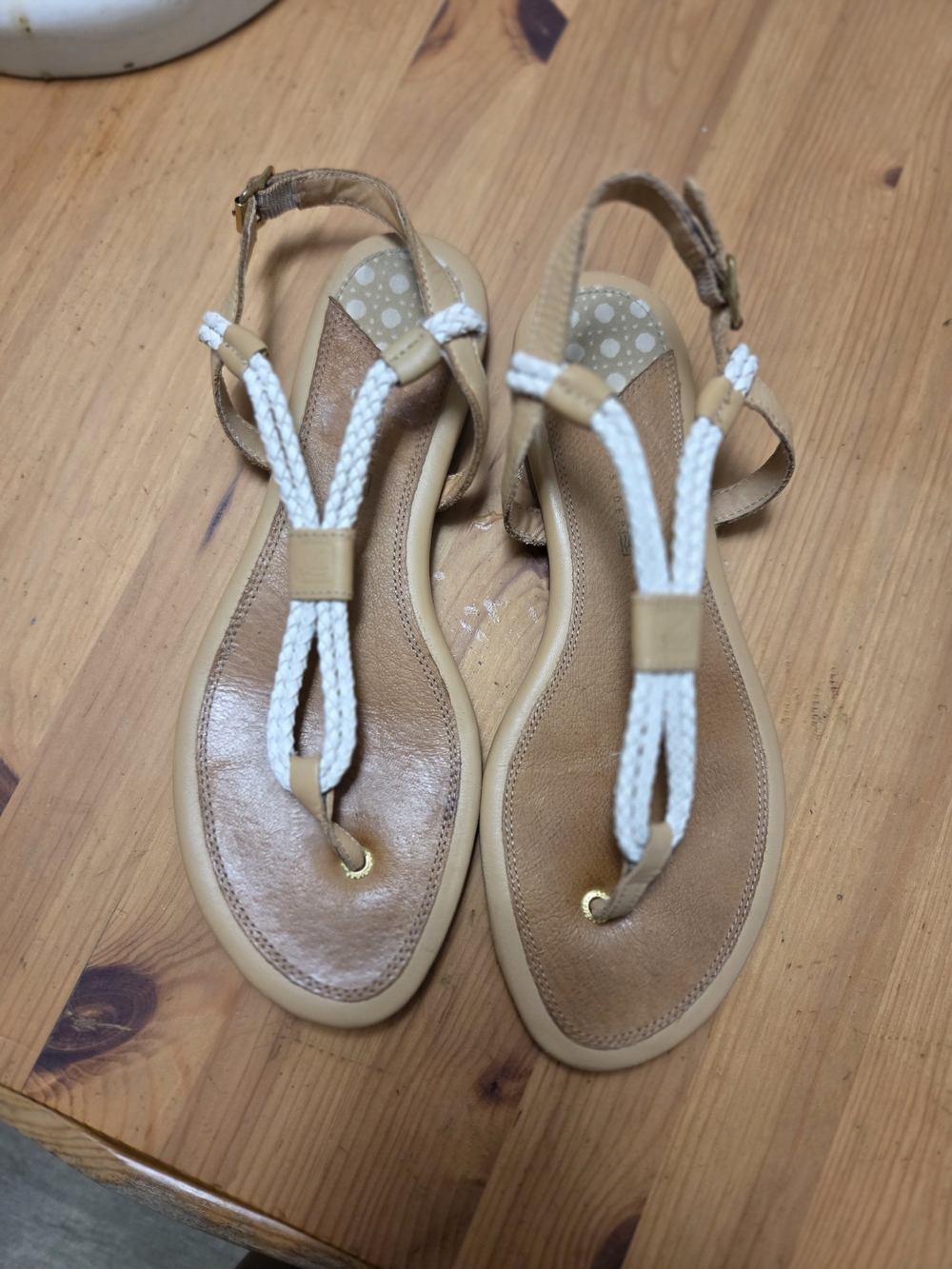 Sperry Tan Leather Sandals with White Braided T-Strap